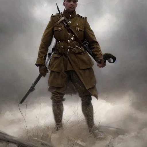 Image similar to a dramatic epic ethereal portrait of a WWI soldier, full body with dynamic pose, male, detailed face, cinematic lighting, highly detailed oil on canvas painting by Greg Rutkowski, winning-award digital art trending on Artstation H 1024 W 832