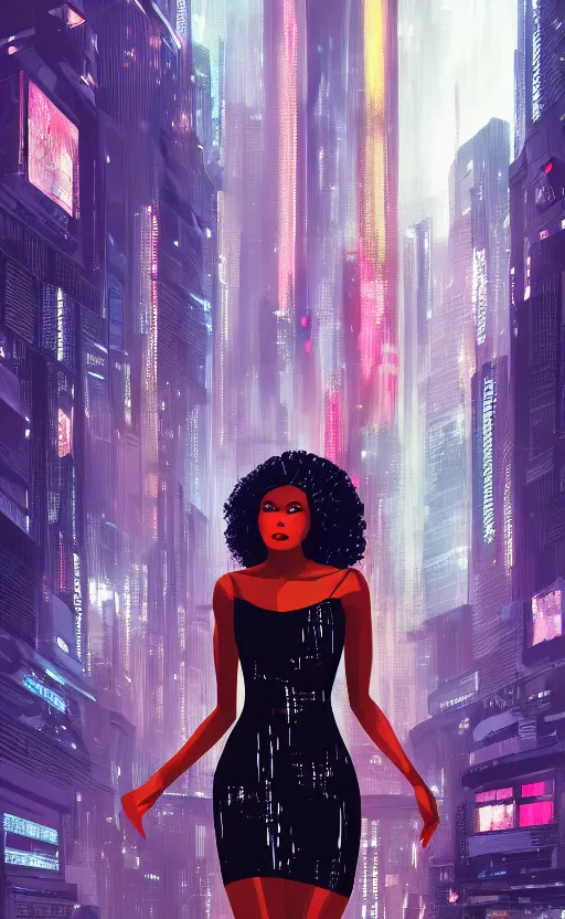 Prompt: portrait of a beautiful Black woman wearing a cocktail dress, with long hair, in a futuristic blade runner city, illustration art by Sam Yang, 8K