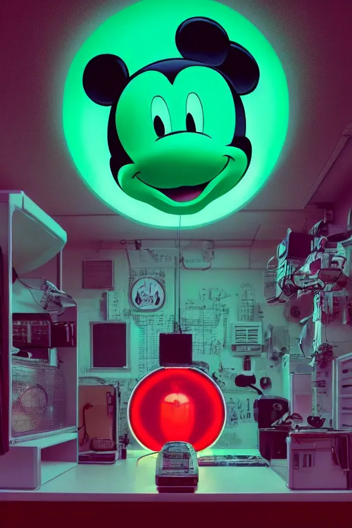 Prompt: a portrait of a huge mickey mouse head suspended from the roof inside a lab room full of astronauts, bird's eye view, green and red lighting, a netflix logo red neon light in the background, inspired by ralph mcquarrie, inspired by raphael lacoste, rendered in arnold, gpu rendering, trending on artstation