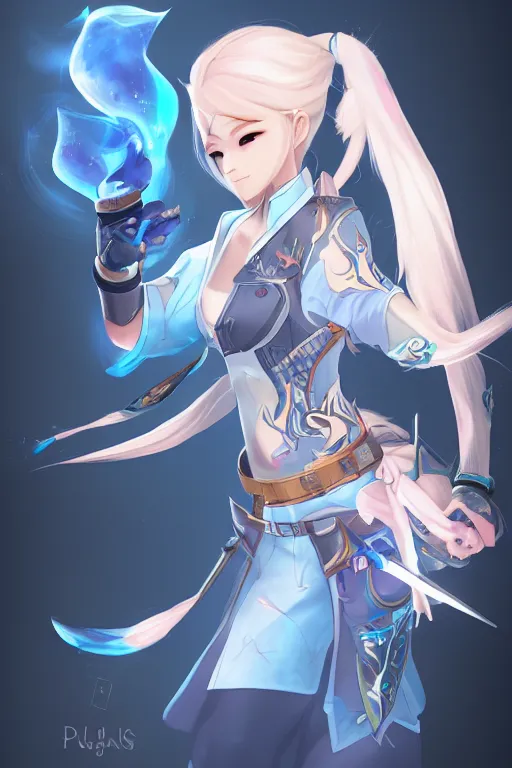 Prompt: a south korean female from paladins, white ponytail hair, she is holding a kunai, cloud tattoos on her arms, wearing light blue short jacket, highly detailed digital art, character design, masterpiece