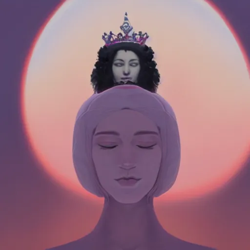 Image similar to a painting of a pale woman with black hair and a crown on her head standing in front of a statue, a screenshot by stanley twardowicz, cgsociety, aestheticism, aesthetic, vaporwave, anime aesthetic,