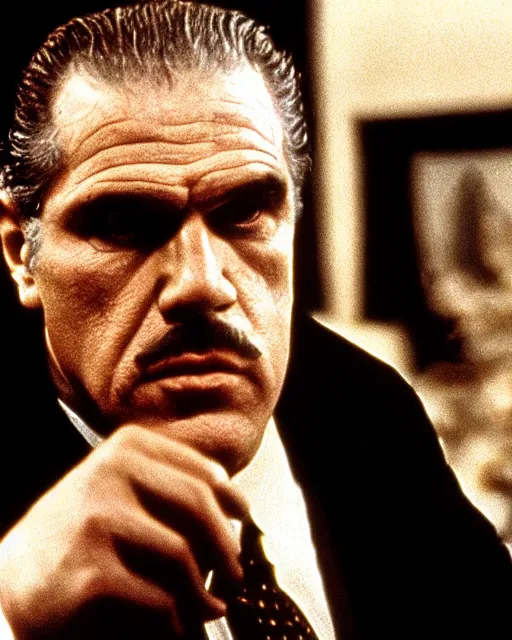 Image similar to film still close up shot of ron perlman as vito corleone from the movie the godfather. photographic, photography