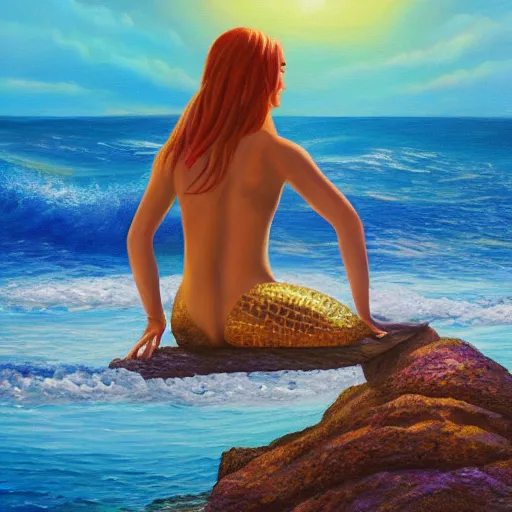 Image similar to a beautiful painting of a mermaid sits on a rock and stares at the island, sunset lighting, rim light, hyper realistic, 1 0 5 mm, amazing