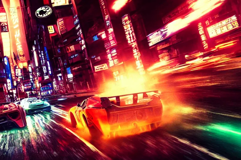 prompthunt: tokyo drift fast and furious film still, racing on wet city  street at night, hyper detailed, forza, smooth, need for speed, high  contrast, volumetric lighting, synthwave, octane, george miller, jim lee