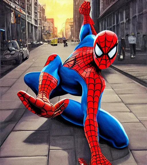 Prompt: high quality high detail painting by alberto mielgo, spiderman swinging in the street, hd