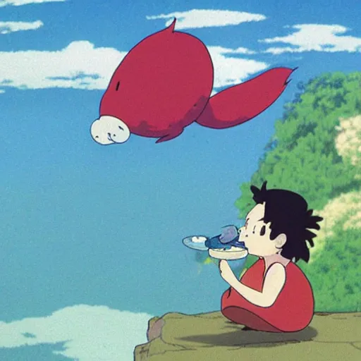 Prompt: Ponyo smoking a pipe, Studios Ghibli