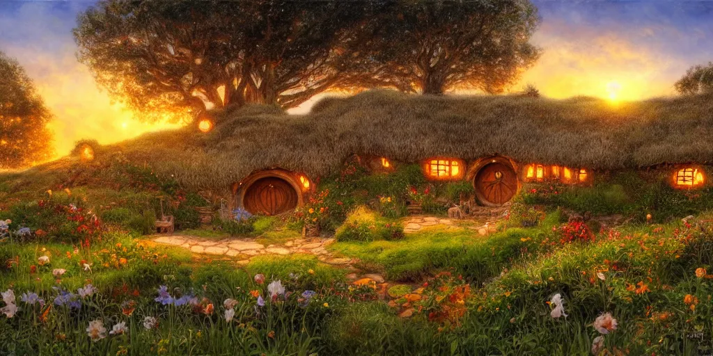 Prompt: Hobbiton in full bloom at sunset by Alan Lee, intricate, highly detailed, digital painting, artstation, concept art, smooth, sharp focus, illustration, vfx