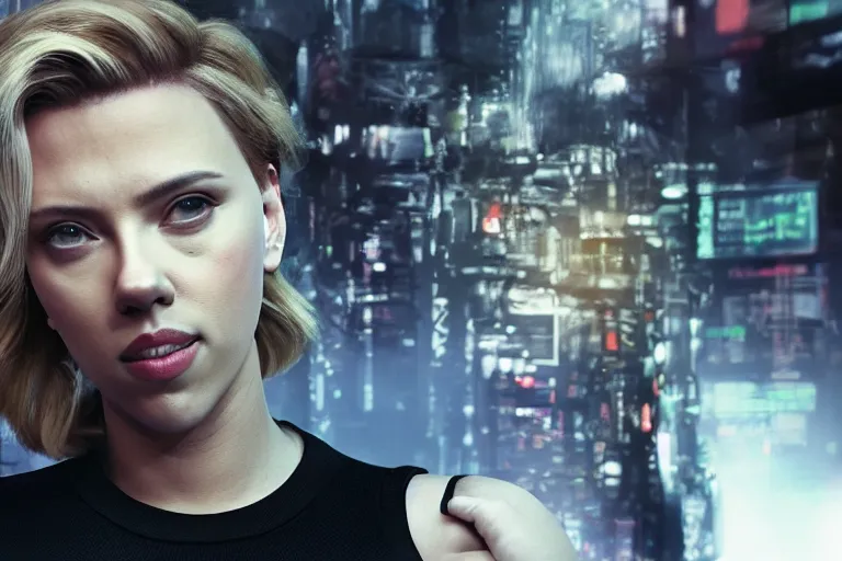 Image similar to Scarlett Johansson deploying code to production working on laptop high-resolution digital art cyberpunk