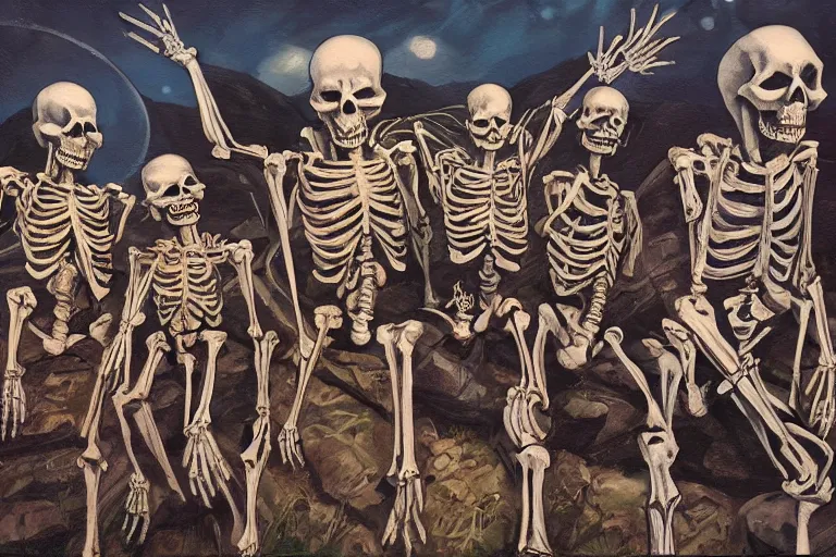 Prompt: skeleton heavy metal band live at coachella, art by danny flynn and simon bisley, trending on artstation, halfrear, oil and canvas, very very intricate, socialist realism