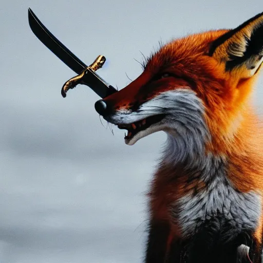 Image similar to a fox holding a sword in its mouth