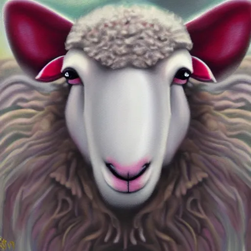 Prompt: Sheep with red whool and pointy vampire teeth, ambient lighting, highly detailed, mystic, tpg artwork