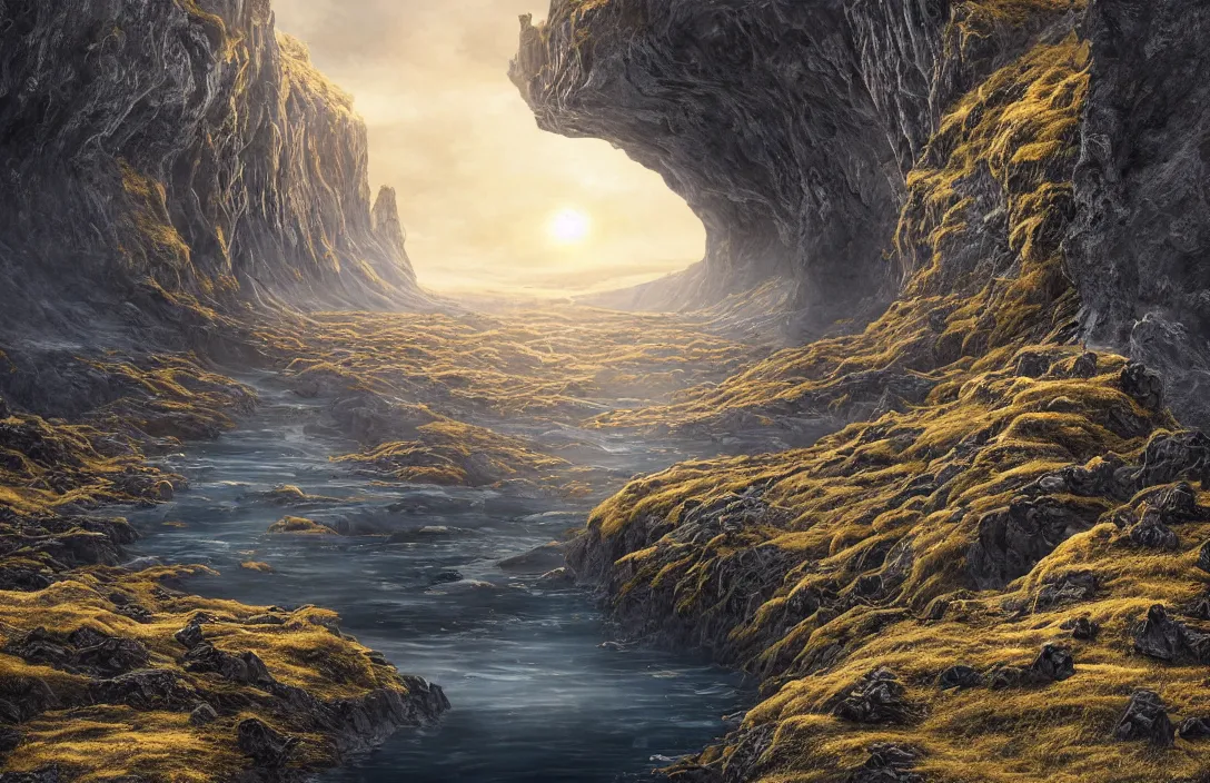 Image similar to a highly detailed icelandic environment on the edge of an huge abyss, detailed intelligent scrollwork, hyperreal phantastic, intricate details in environment, meeting point, luminance, golden ratio, high aestehtic, cinematic light, dramatic light, godrays, distance, photobash, wideangle, bierstadt, hyperreal 4 k