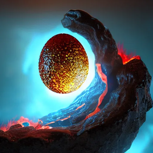 Image similar to a quartz dragon egg with lava core, crystal and lava cave on background, epic composition, octane render, realistic, film grain, focus