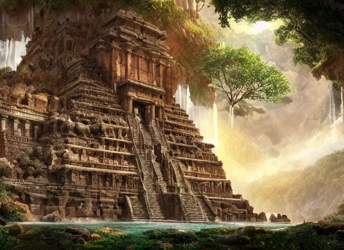 Image similar to The temple of the gods of nature, intricate details, vast open interior, amazing and tall waterfalls, dramatic lighting, digital art, trending on Artstation, dark, hyper-realistic, detailed