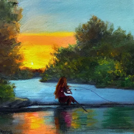 Prompt: a girl fishing at a river at sunset, impressionist piece, artwork by dalle