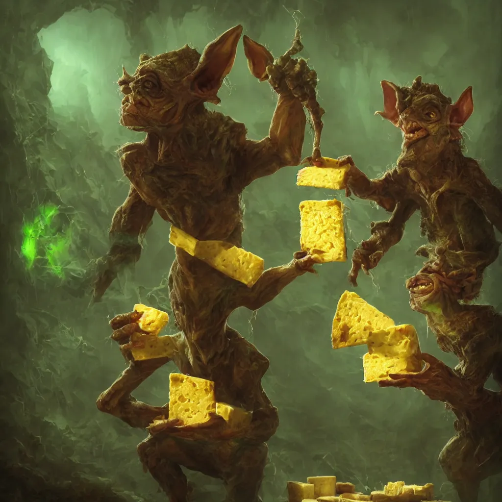 Image similar to Photorealistic fantasy painting of one single goblin holding swiss cheese. Ominous green mist in the background. Magical occult photorealism, UHD, amazing depth, glowing, golden ratio, 3D octane cycle unreal engine 5, volumetric lighting, cinematic lighting, cgstation artstation concept art