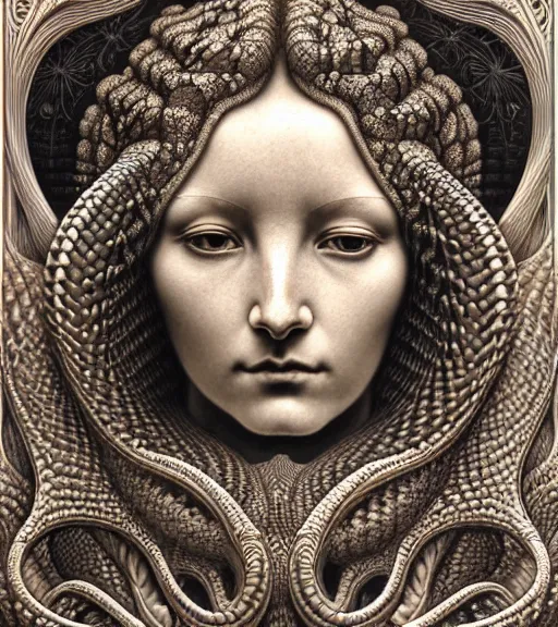 Image similar to detailed realistic beautiful serpent goddess face portrait by jean delville, gustave dore, iris van herpen and marco mazzoni, art forms of nature by ernst haeckel, art nouveau, symbolist, visionary, gothic, neo - gothic, pre - raphaelite, fractal lace, intricate alien botanicals, ai biodiversity, surreality, hyperdetailed ultrasharp octane render