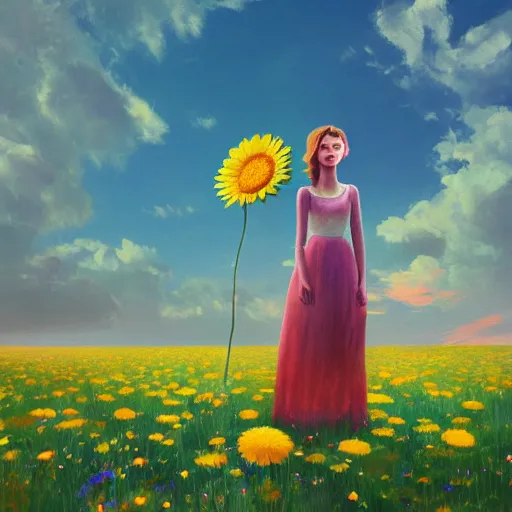 Prompt: giant daisy flower as head, full body, girl standing in a flower field, surreal photography, sunrise dramatic light, impressionist painting, colorful clouds, digital painting, artstation, simon stalenhag, flower face