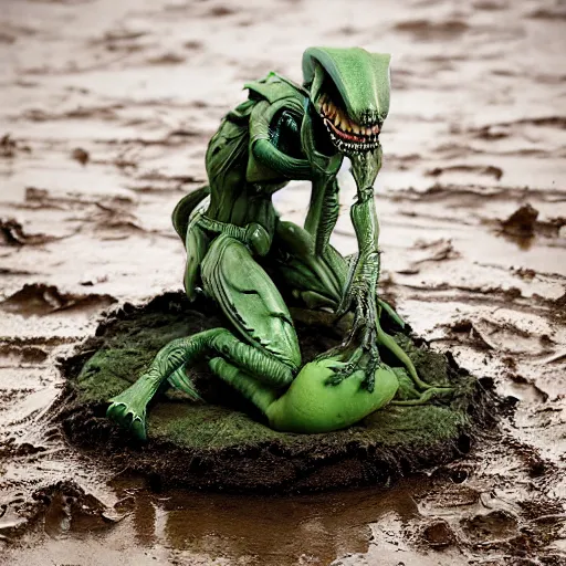 Prompt: bootleg figure of a plastic green acid xenomorph diorama drowning on the mud water, secondhand, rain stormcloud by Luis Royo, mcfarlane, cursed photography, middle shot