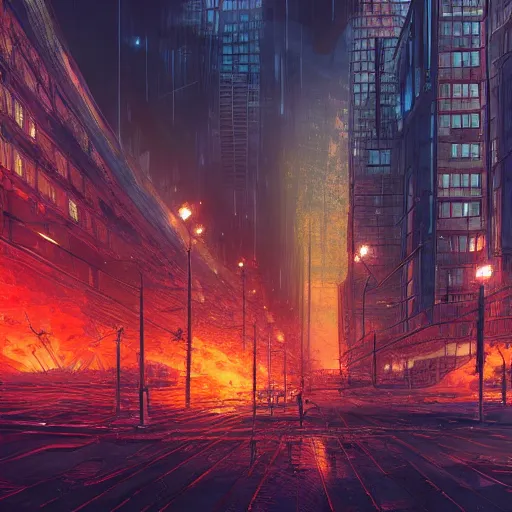 Prompt: dystopian cityscape on fire at night by michael kirkbride, high detail, very intricate, 4 k, 8 k, artstation, video game concept art