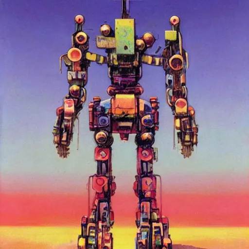 Image similar to colourful mecha robot, art drew struzan, stanley artgem lau & zdzislaw beksinski