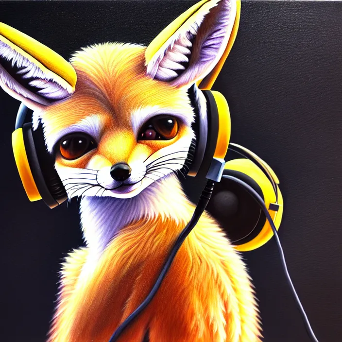 Prompt: a photorealistic painting of an anthropomorphic fennec fox wearing headphones, laptop, oil on canvas, furry, soft lighting