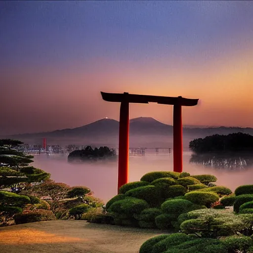 Image similar to a japanese landscape filled with torii arches, dawn, by adriane tomine