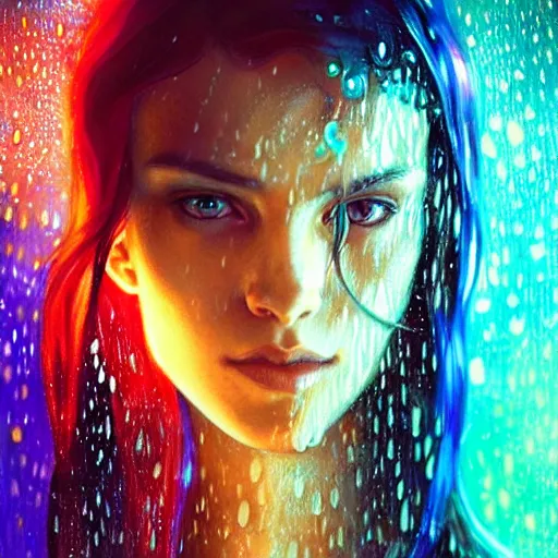 Image similar to bright asthetic portrait LSD glowing backlit rain on face and wet hair, fantasy, intricate, elegant, dramatic lighting, highly detailed, lifelike, photorealistic, digital painting, artstation, illustration, concept art, smooth, sharp focus, art by John Collier and Albert Aublet and Krenz Cushart and Artem Demura and Alphonse Mucha