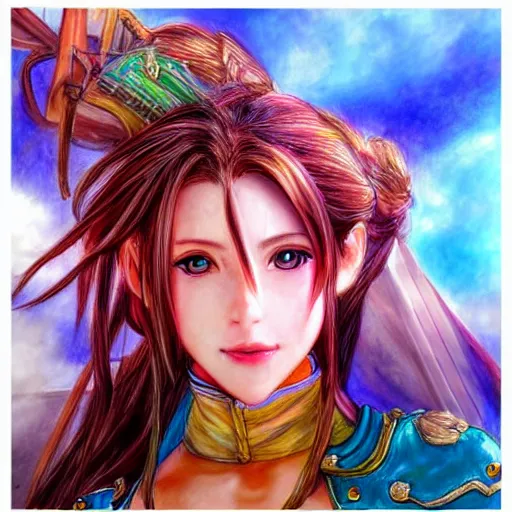 Image similar to dreamy colorful portrait drawing of aerith gainsborough from from final fantasy 7 in her signature outfit with the steam punk city midgard as backdrop, by master artist yoshitaka amano trending on artstation