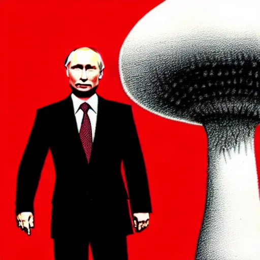 Prompt: vladimir putin with a nuclear mushroom cloud behind him, single subject, editorial style cartoon, ultra detailed pencil drawing