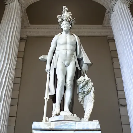 Prompt: Full-length marble statue of Baron Munchausen-Jankowski in Michelangelo style