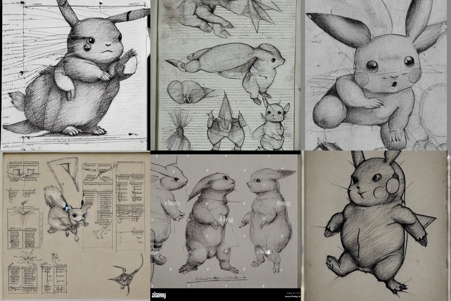 Prompt: leonardo da vinci intricate full page scan of study sheet of drawings of pikachu animal, biology diagrams, on grey paper sketch ink style, detailed