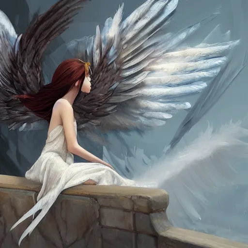 Image similar to a painting of a woman sitting on a ledge with wings, concept art by shingei, cgsociety contest winner, fantasy art, reimagined by industrial light and magic, angelic photograph, made of feathers