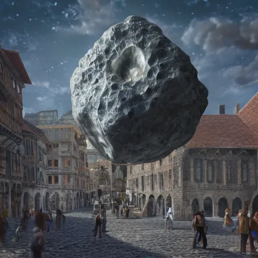 Prompt: A Giant gem meteorite in the middle the plaza of a medieval city, beautiful, concept art, sharp focus, highly detailed, intricate, still, photograph, fantasy, medieval, midday, day, sunny, shimmering, realistic, 8k, award winning, trending on artstation, Dungeons and dragons, tabletop, in the style of Wizards of the coast