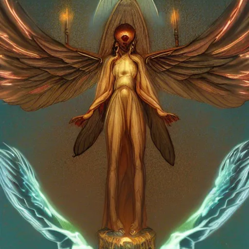 Image similar to giant imposing seraphim with many eyes and many wings, eyes everywhere, glowing, terrifying