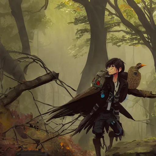 Image similar to concept art painting of a person with a head of a crow, with steampunk clothes, in the deep forest, realistic, detailed, cel shaded, in the style of makoto shinkai and greg rutkowski and james gurney