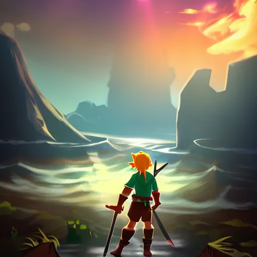Image similar to link standing on an island ready for battle with a pirate ship in the distance, dramatic lighting, diffused light, haze, lens flare, detailed wind waker concept art, trending on artstation