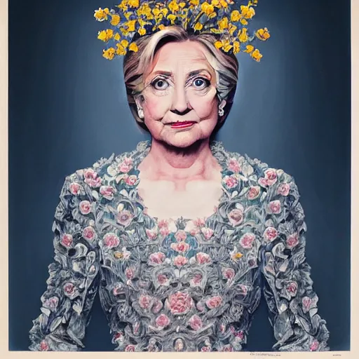 Prompt: portrait of Hillary Clinton as a young pretty woman in flowing dress, arrogant, mysterious, long fine flowing hair, delicate, looking at camera, realistic face, intricate, stylish, elegant, grimdark, flowers, extremely detailed photograph by Martine Johanna and Ernst Haeckel and Greg Rutkowski