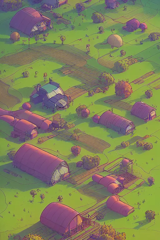 Prompt: farm 👾, artstation, moebius + loish, hd,