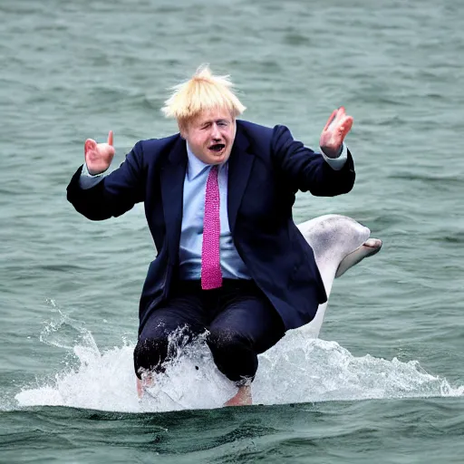 Image similar to boris johnson riding a dolphin