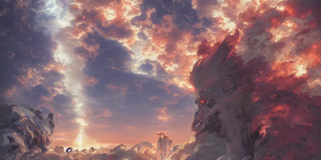 Image similar to hell demons inside heaven, art by makoto shinkai and alan bean, yukito kishiro