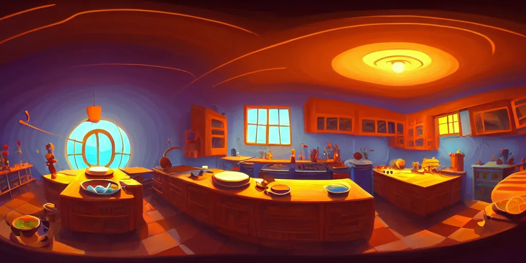 Image similar to spiral lines, naive nerikomi, weird perspective, extra narrow, detailed illustration of a kitchen dim lit by flashlight in a scenic spiral environment by rhads from lorax movie, trending artstation, true color, fisheye