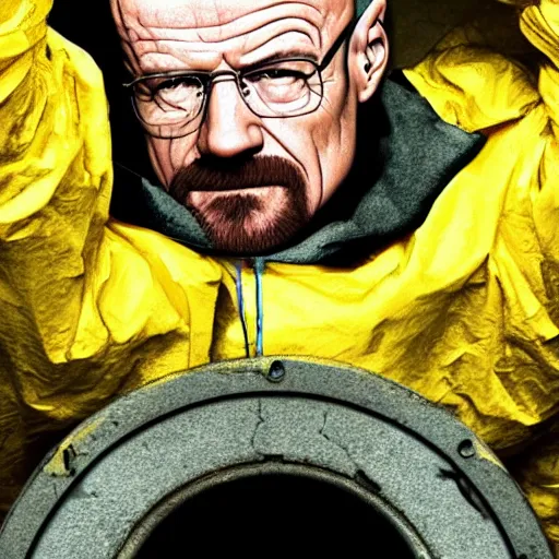 Image similar to Walter white hiding in a sewer, dark, unlit