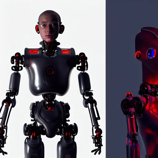 Prompt: one robotic boy cyborg from cyberpunk with red eyes and modifications stand near one human, flesh normal boy without any modifications. photorealistic, hyperrealistic, cinematic, artstation, octane render, unreal, 8 k