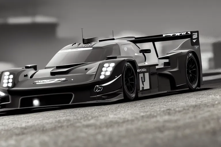 Image similar to black cadillac blackwing 2023. ct5-v GT3 LMP1 car racing on dimly lit track overcast skies raining. headlights illuminating track, volumetric lighting cinematic vray photo muted colors dark cinematic. dark photo. front side view uncropped centered. artstation trending dramatic harsh lighting low exposure, motion blur, dof