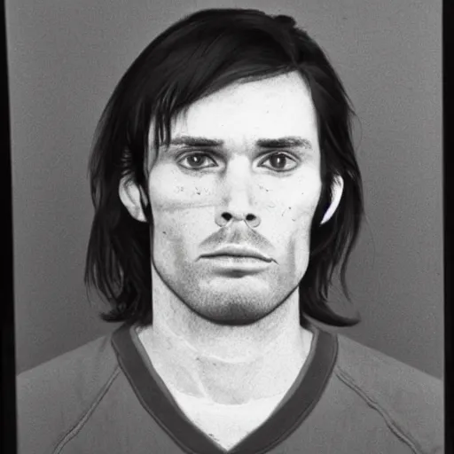 Image similar to A mugshot portrait of a man who looks like Jerma985 with short length wavy hair and a slightly receded hairline and bangs, wearing mid 1980s menswear in the late 1980s, taken in the late 1980s, grainy, realistic, hyperrealistic, very realistic, highly detailed, very detailed, extremely detailed, detailed, trending on artstation, front facing, front view, headshot and bodyshot, detailed face, very detailed face