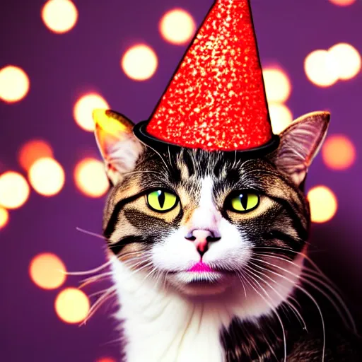 Image similar to a photo of a Cat wearing a birthday hat, studio portrait, fireworks in background