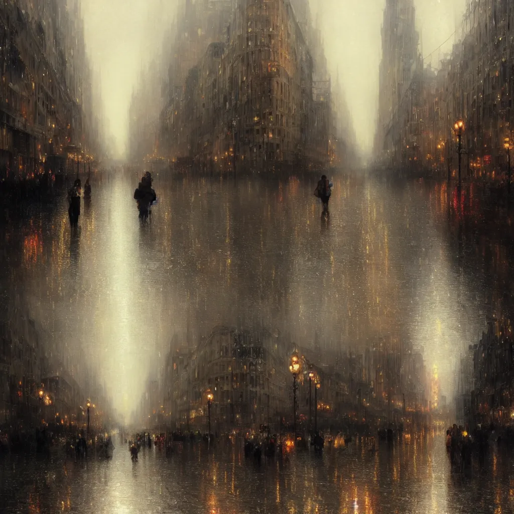 Image similar to a beautifull intricate city, wet sidewalk, people, reflections, raindrops, high details, art by william turner, by greg rutkowski and by alphonse mucha, trending on artstation, extremely detailed, masterpiece