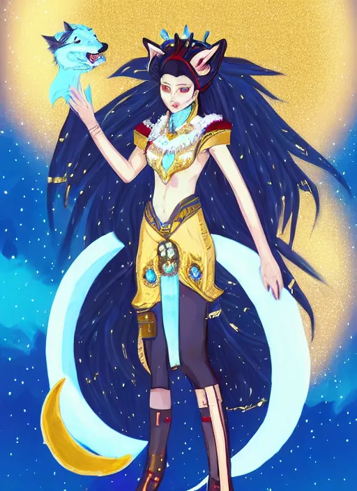 Image similar to commissioned full body portrait of a female anthro wolf princess fursona with a wolf head white fur and long red hair hair wearing a blue and gold Japanese armored dress in a white and gold palace on a starry night with a large crescent moon, by a professional manga illustrator, by Kilian Eng, by Sandra Chevrier, trending on artstation