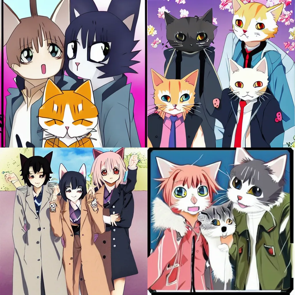 Prompt: three anime cats in a trenchcoat
